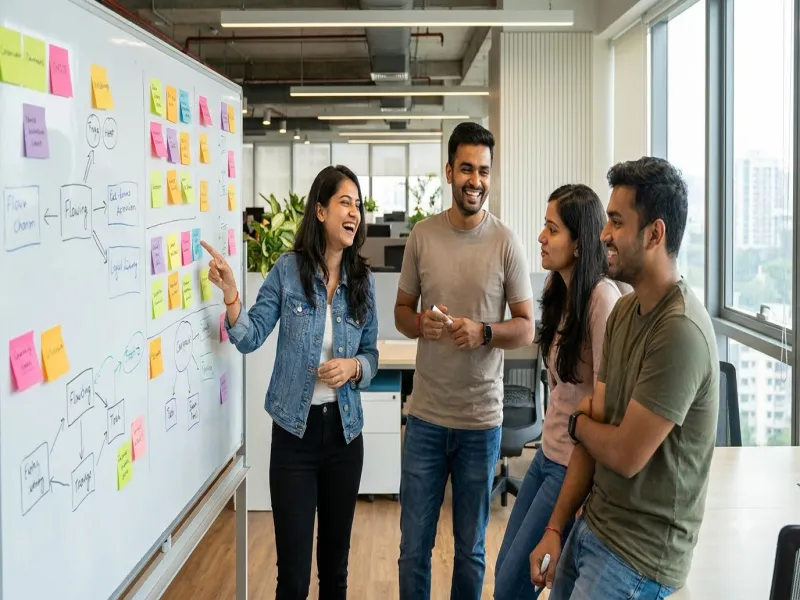 Alera team brainstorming around a whiteboard